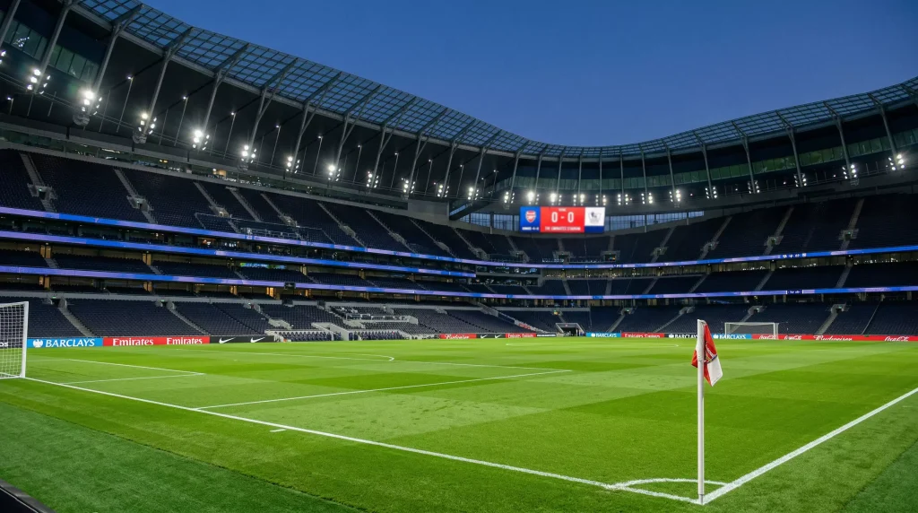 Estadio Emirates del Arsenal con cesped verde iluminado