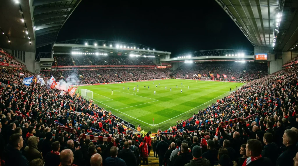 Apuestas en vivo en la Premier League con estadio iluminado