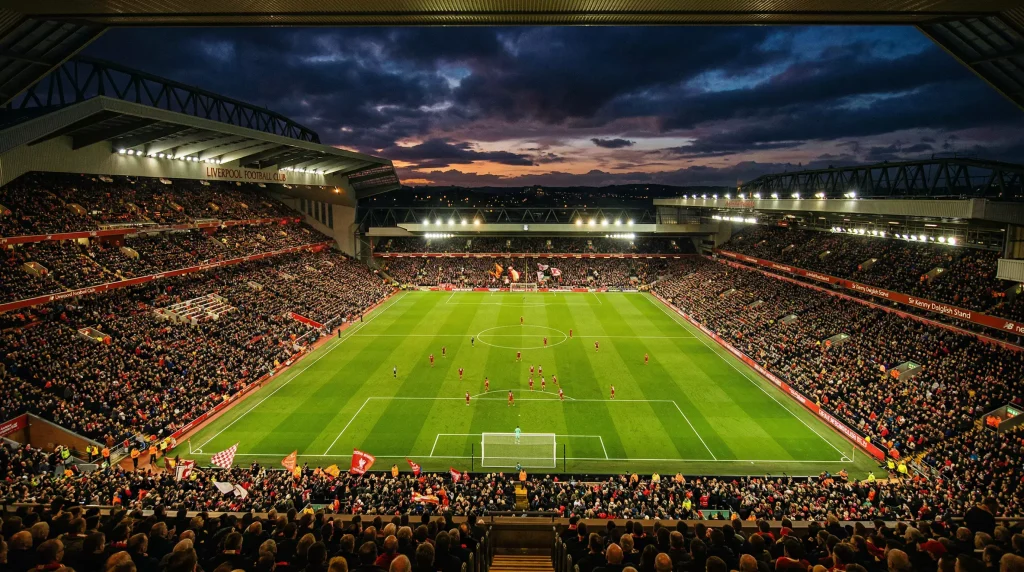 Estadio de futbol Anfield con ambiente nocturno iluminado