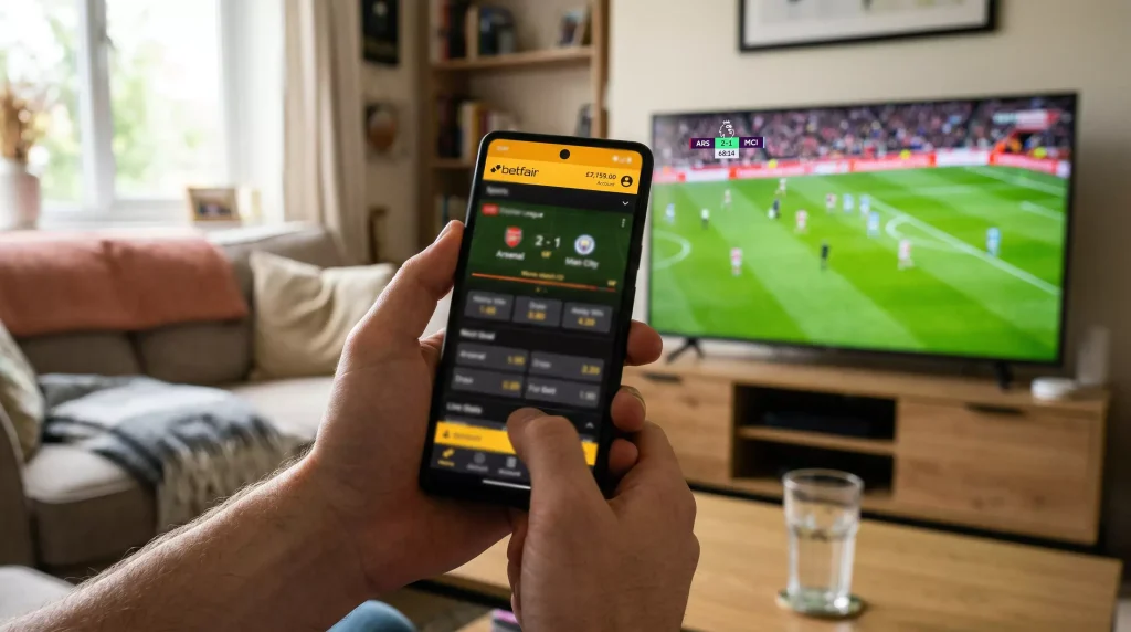 Smartphone mostrando app de apuestas deportivas con partido de futbol de fondo