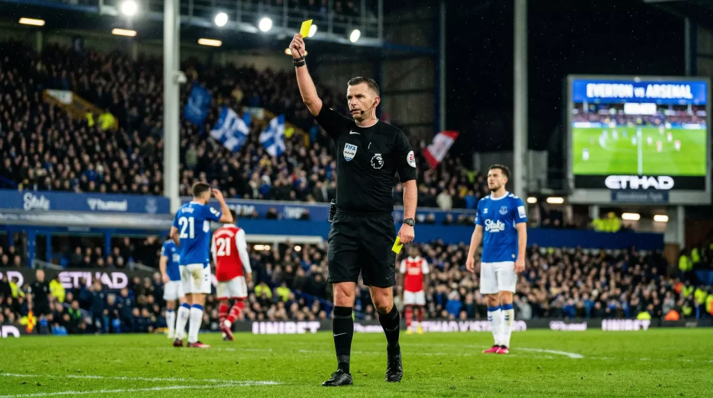 Árbitro de fútbol mostrando tarjeta amarilla a un jugador en un partido de la Premier League