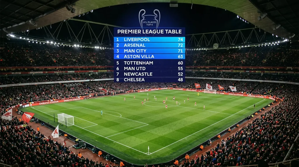 Tabla de clasificación de la Premier League mostrando las cuatro primeras posiciones con trofeo de Champions League