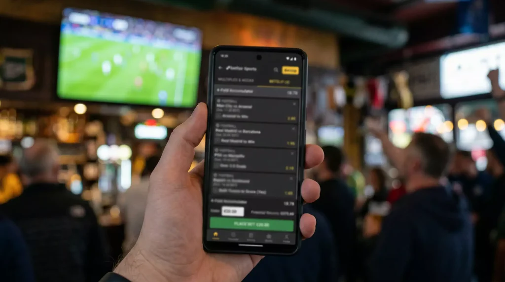 Interfaz de aplicación de apuestas mostrando opciones de Bet Builder para un partido de fútbol
