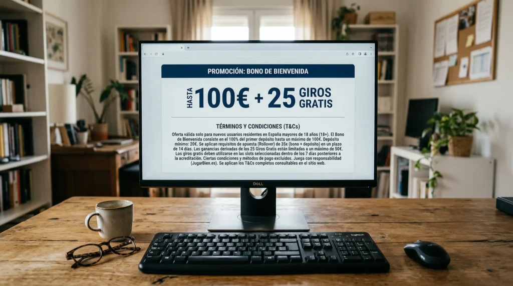 Pantalla mostrando promocion de bono de bienvenida con letra pequeña visible