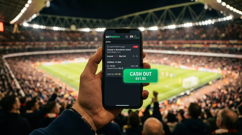 Pantalla de movil mostrando una aplicacion de apuestas deportivas con opcion de cash out