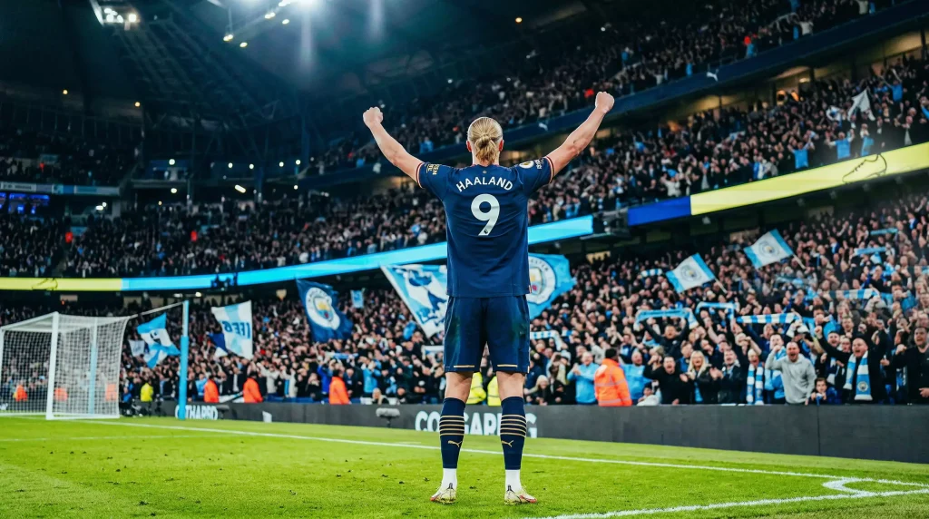 Delantero de fútbol celebrando un gol en un estadio de la Premier League con la Bota de Oro
