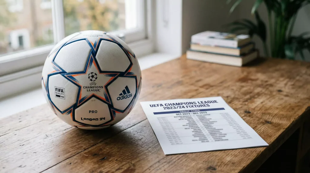 Balon de la Champions League junto a un calendario de partidos de la Premier League