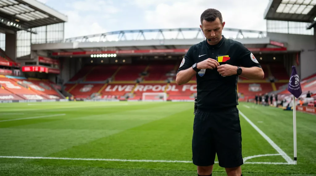 Arbitro de futbol con tarjetas en el bolsillo en campo de la Premier League