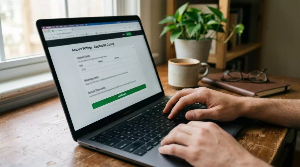 Manos configurando limites de apuesta en una pantalla de ordenador