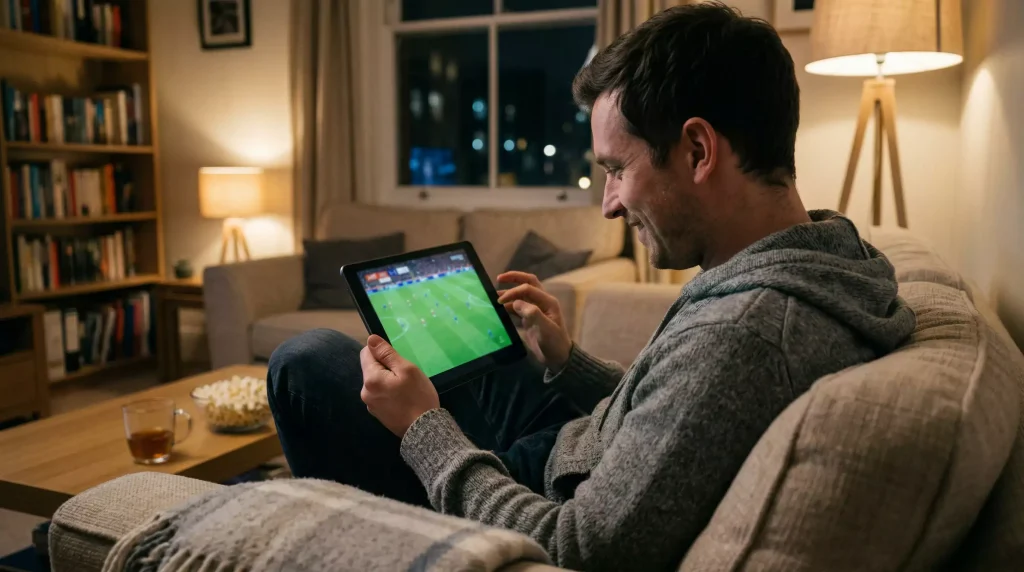 Persona viendo un partido de futbol en streaming en su tablet