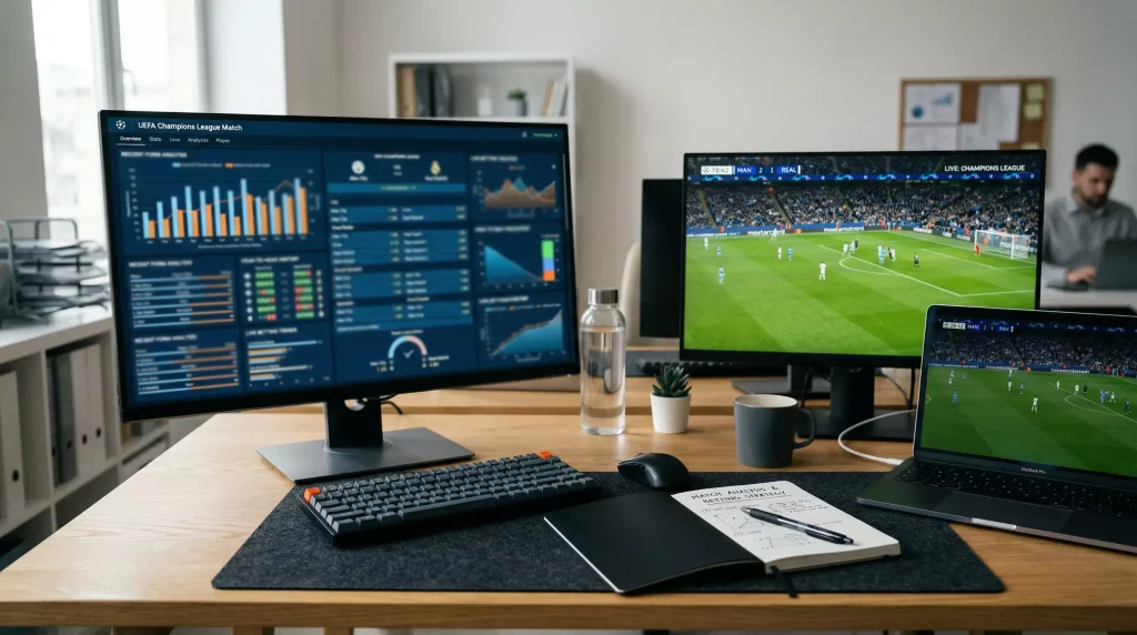 Pantalla con cuotas de apuestas y gráficos de análisis estadístico de partidos de fútbol